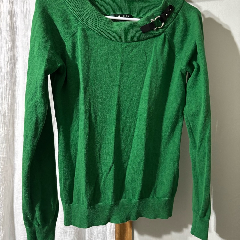 Green Crewneck Sweater with Buckle Detail